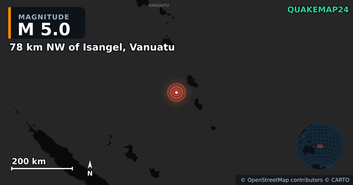 M5.0 earthquake near 78 km NW of Isangel, Vanuatu on Jul 3, 2025 — map of epicenter and shaking intensity | QuakeMap24