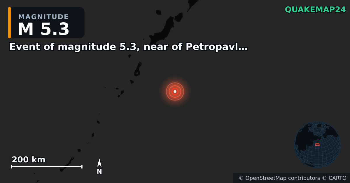 M5.3 earthquake near Event of magnitude 5.3, near of Petropavlovsk Kamchatskiy (Monde) on Oct 5, 2025 — map of epicenter and shaking intensity | QuakeMap24