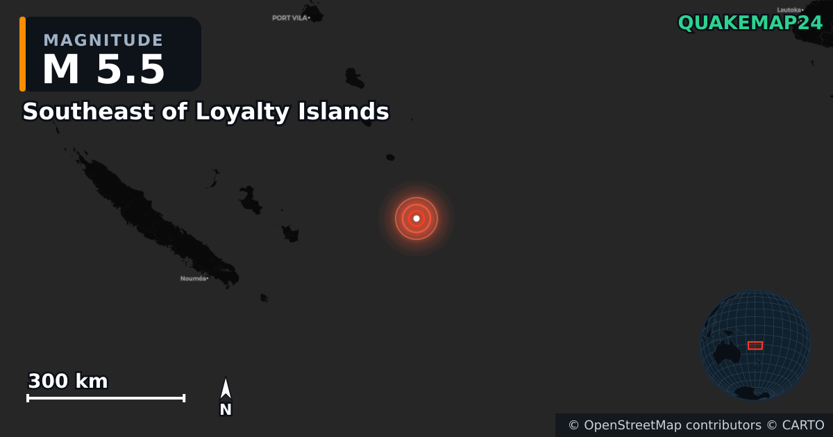 M5.5 earthquake near Southeast of Loyalty Islands on Apr 15, 2026 — map of epicenter and shaking intensity | QuakeMap24