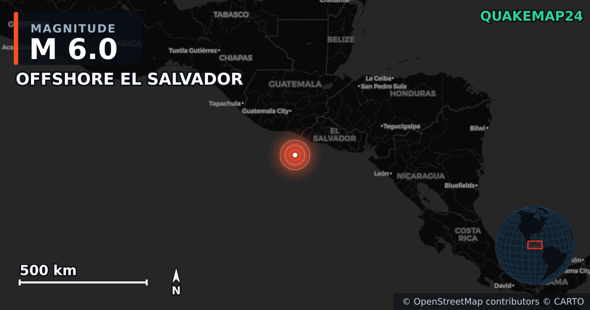 M6.0 earthquake near OFFSHORE EL SALVADOR on Aug 23, 2025 — map of epicenter and shaking intensity | QuakeMap24