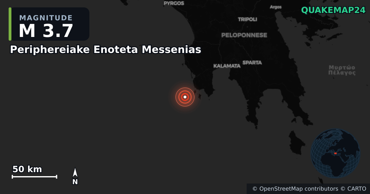 M3.7 earthquake near Periphereiake Enoteta Messenias on May 14, 2026 — map of epicenter and shaking intensity | QuakeMap24