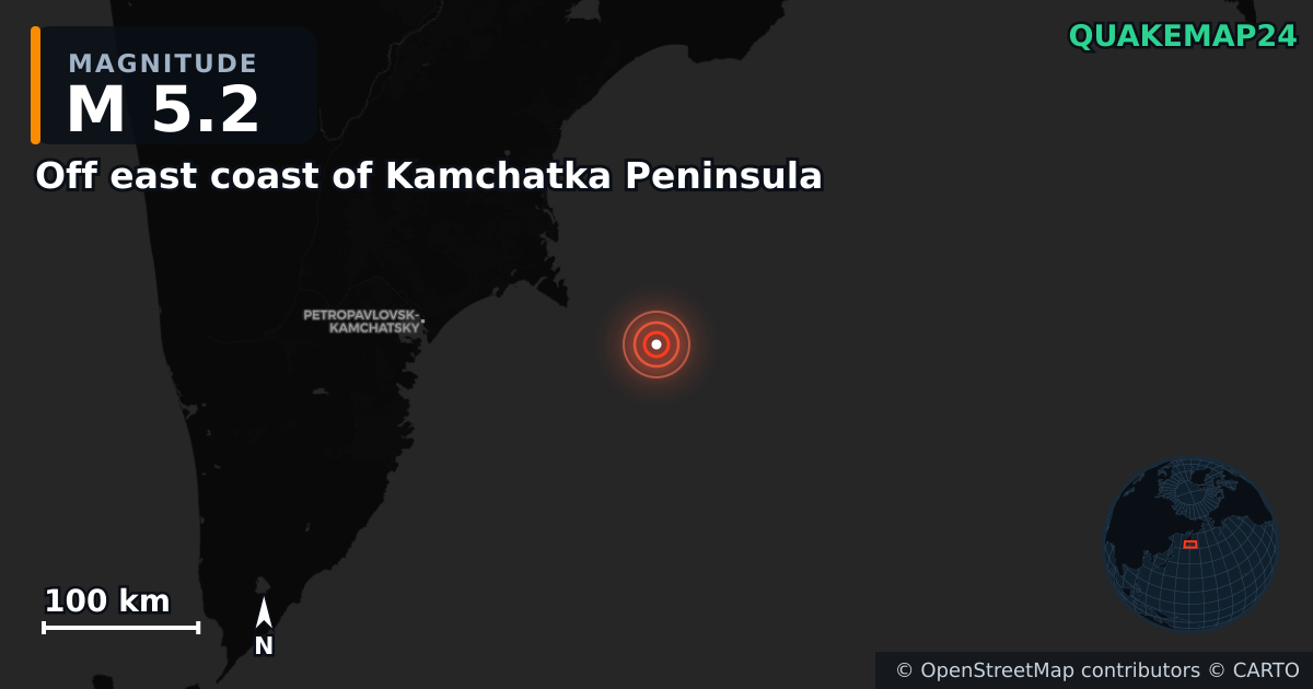 M5.2 earthquake near Off east coast of Kamchatka Peninsula on Sep 19, 2025 — map of epicenter and shaking intensity | QuakeMap24