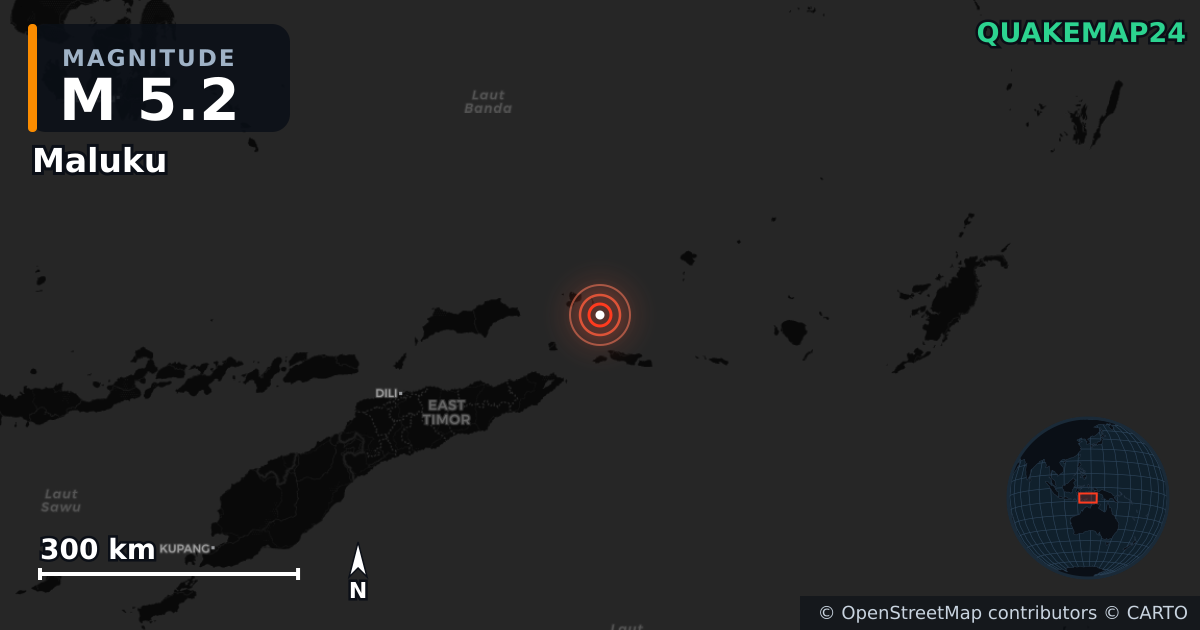 M5.2 earthquake near Maluku on Mar 2, 2026 — map of epicenter and shaking intensity | QuakeMap24