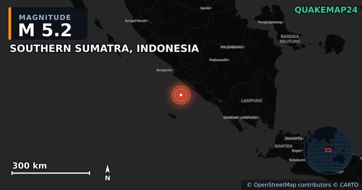 SOUTHERN SUMATRA, INDONESIA yakınında M5,2 deprem — Deprem merkez üssünün konumunu gösteren harita