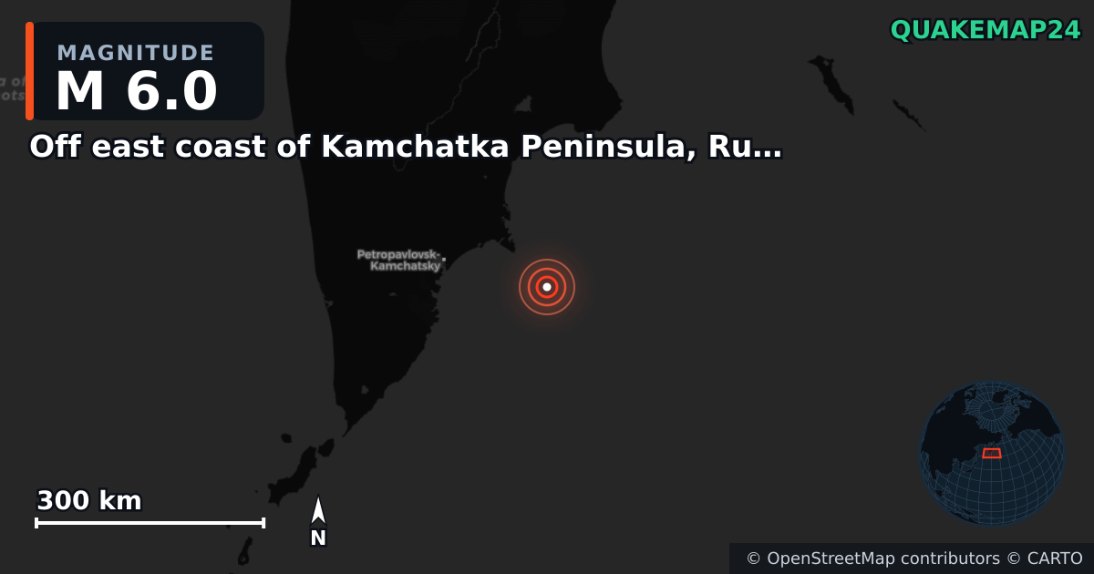 M6.0 earthquake near Off east coast of Kamchatka Peninsula, Russia [Sea: Russia] on Sep 15, 2025 — map of epicenter and shaking intensity | QuakeMap24
