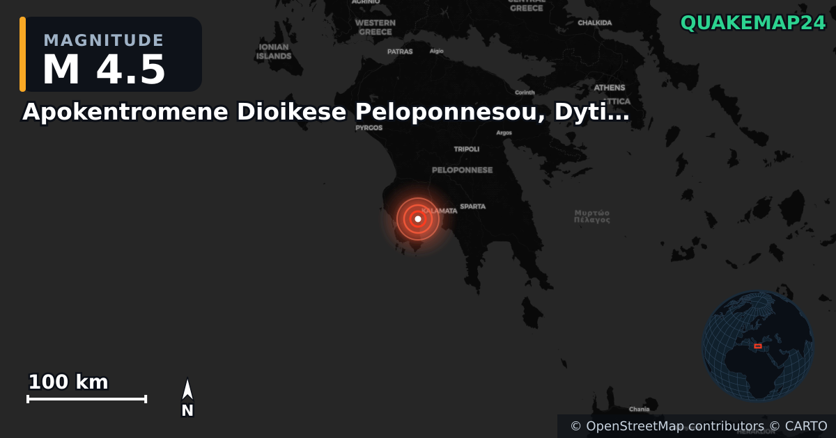M4.5 earthquake near Apokentromene Dioikese Peloponnesou, Dytikes Elladas kai Ioniou on May 27, 2025 — map of epicenter and shaking intensity | QuakeMap24