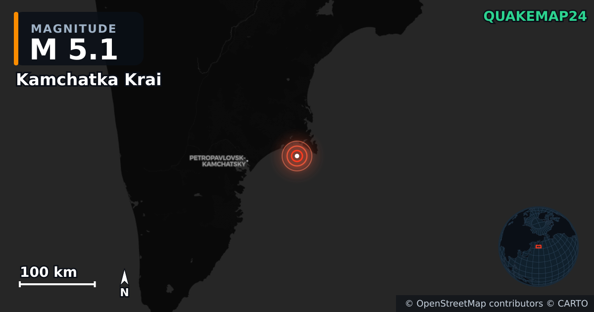 M5.1 earthquake near Kamchatka Krai on Jul 30, 2026 — map of epicenter and shaking intensity | QuakeMap24