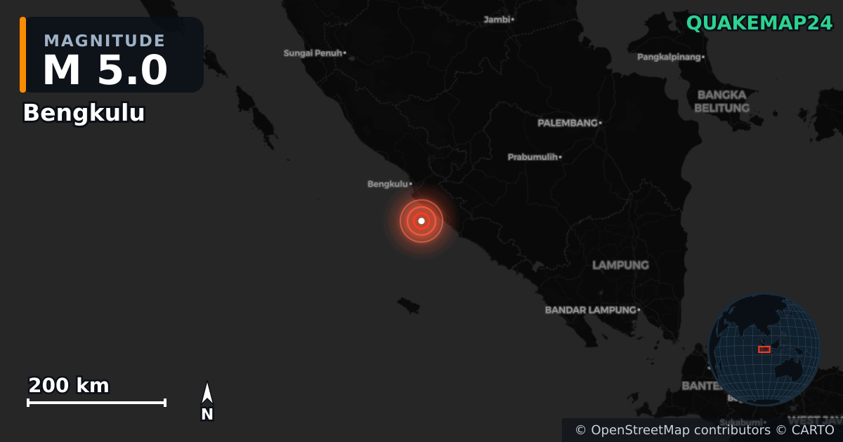 M5.0 earthquake near Bengkulu on Aug 10, 2025 — map of epicenter and shaking intensity | QuakeMap24