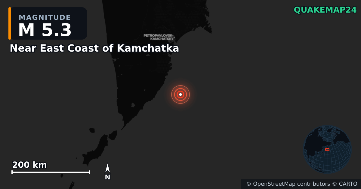 M5.3 earthquake near Near East Coast of Kamchatka on Oct 5, 2025 — map of epicenter and shaking intensity | QuakeMap24