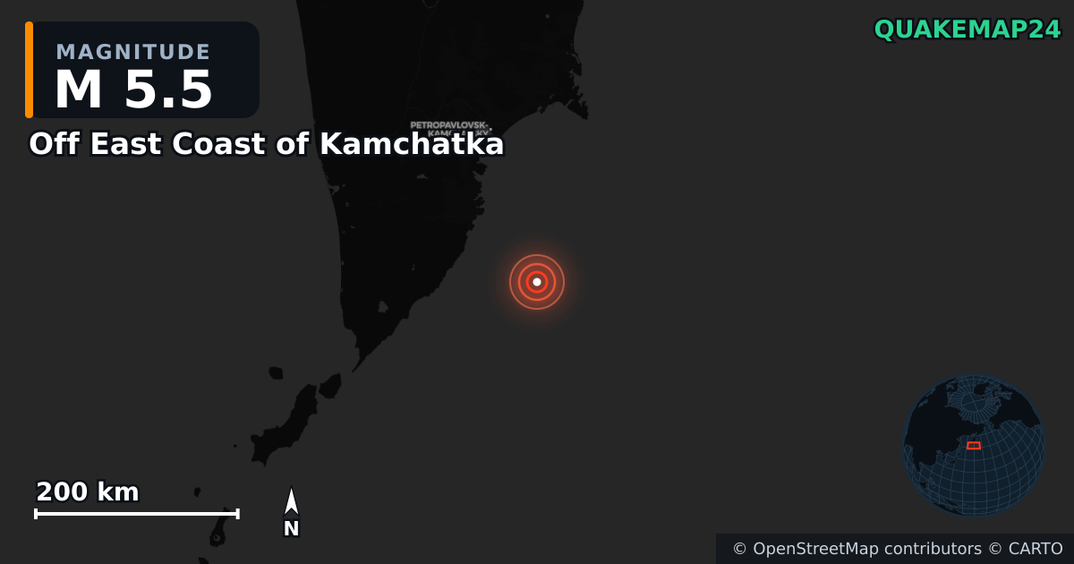 M5.5 earthquake near Off East Coast of Kamchatka on Sep 22, 2025 — map of epicenter and shaking intensity | QuakeMap24