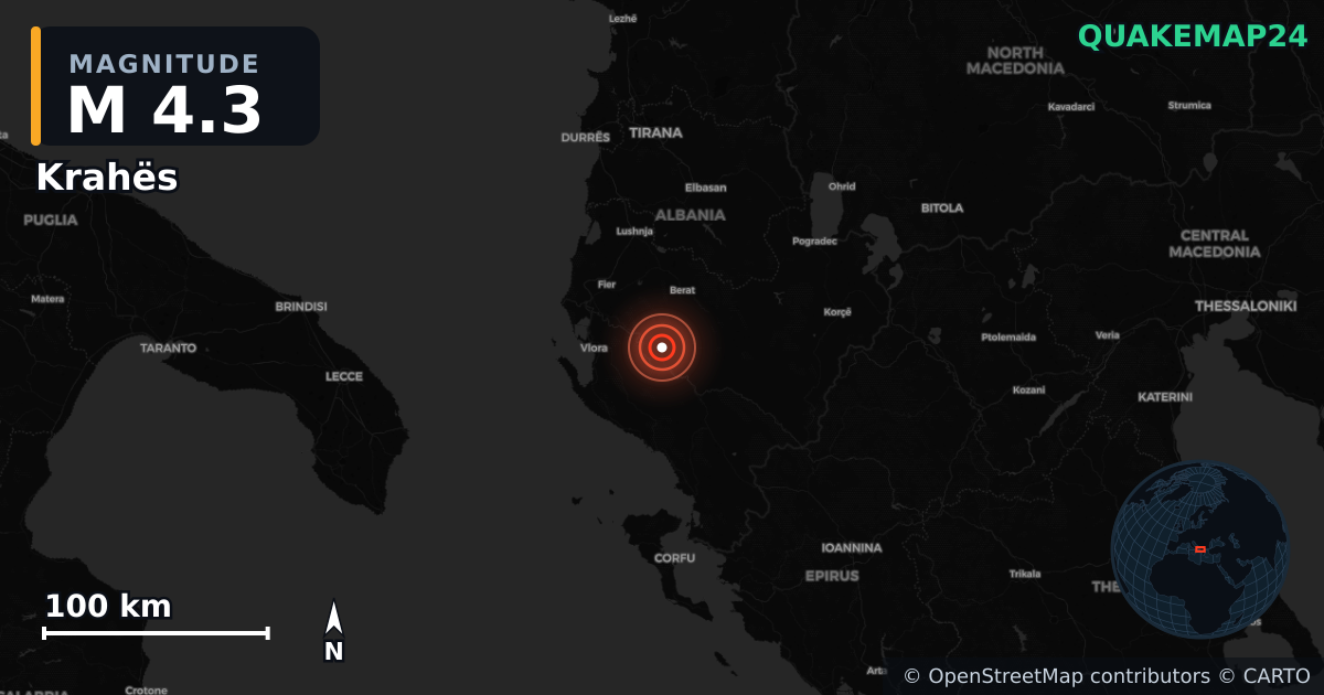 M4.3 earthquake near Krahës on Oct 19, 2025 — map of epicenter and shaking intensity | QuakeMap24