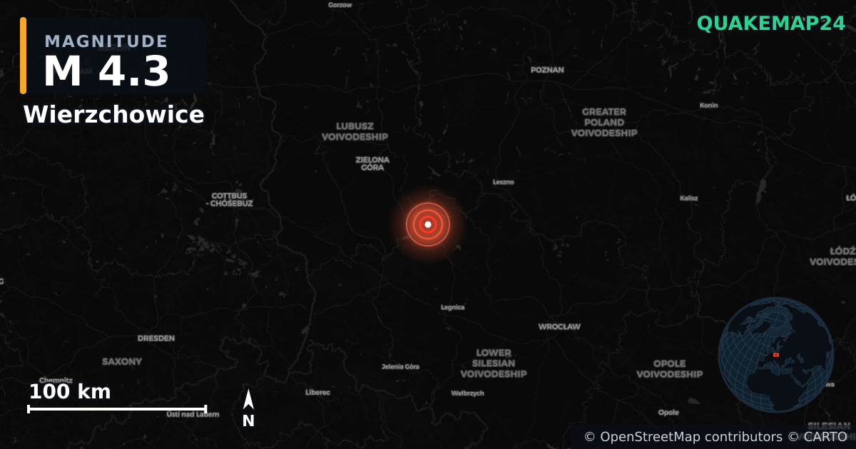 M4.3 earthquake near Wierzchowice on May 3, 2026 — map of epicenter and shaking intensity | QuakeMap24