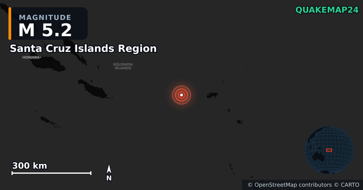 M5.2 earthquake near Santa Cruz Islands Region on Mar 1, 2026 — map of epicenter and shaking intensity | QuakeMap24