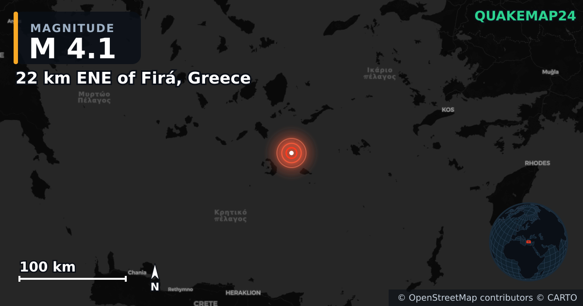 M4.1 earthquake near 22 km ENE of Firá, Greece on Feb 3, 2025 — map of epicenter and shaking intensity | QuakeMap24