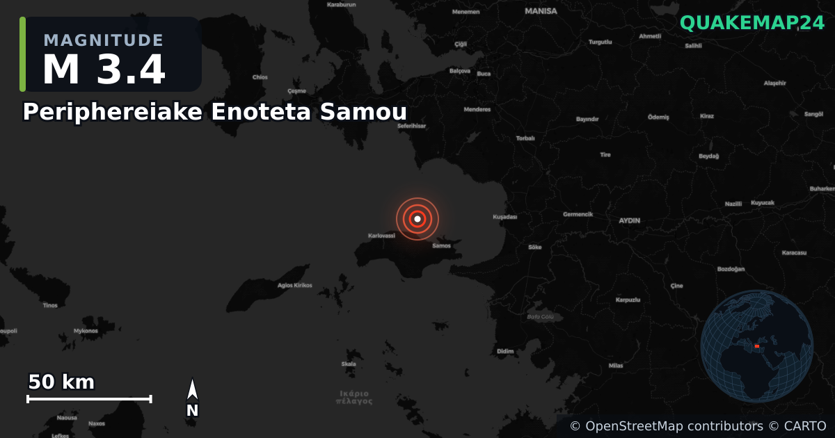 M3.4 earthquake near Periphereiake Enoteta Samou on Sep 8, 2025 — map of epicenter and shaking intensity | QuakeMap24