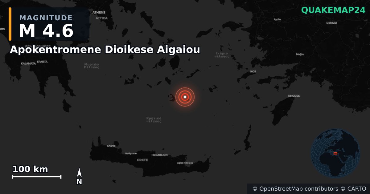 M4.6 earthquake near Apokentromene Dioikese Aigaiou on Jul 9, 2025 — map of epicenter and shaking intensity | QuakeMap24