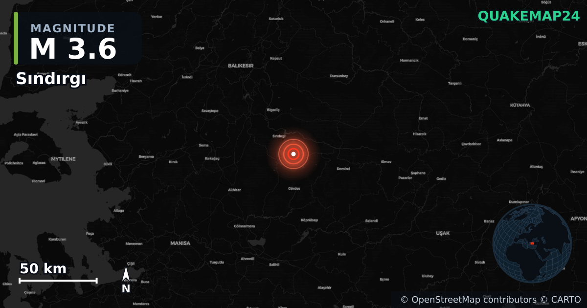 M3.6 earthquake near Sındırgı on Feb 5, 2026 — map of epicenter and shaking intensity | QuakeMap24