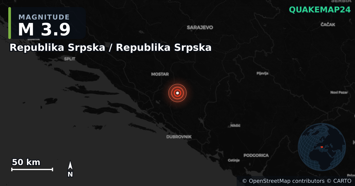 M3.9 earthquake near Republika Srpska / Republika Srpska on Jun 1, 2025 — map of epicenter and shaking intensity | QuakeMap24