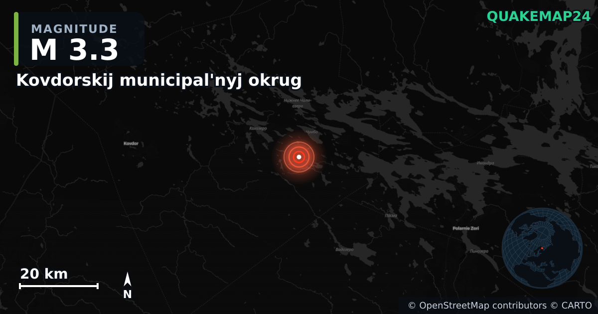 M3.3 earthquake near Kovdorskij municipal'nyj okrug on May 20, 2025 — map of epicenter and shaking intensity | QuakeMap24