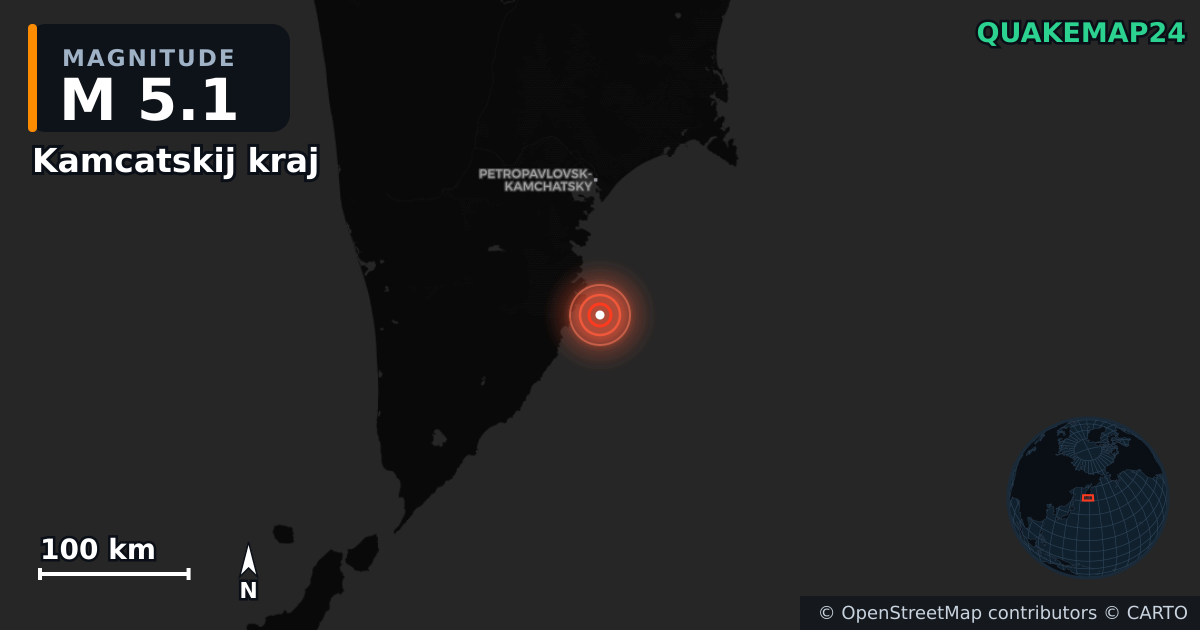 M5.1 earthquake near Kamcatskij kraj on Jan 26, 2026 — map of epicenter and shaking intensity | QuakeMap24