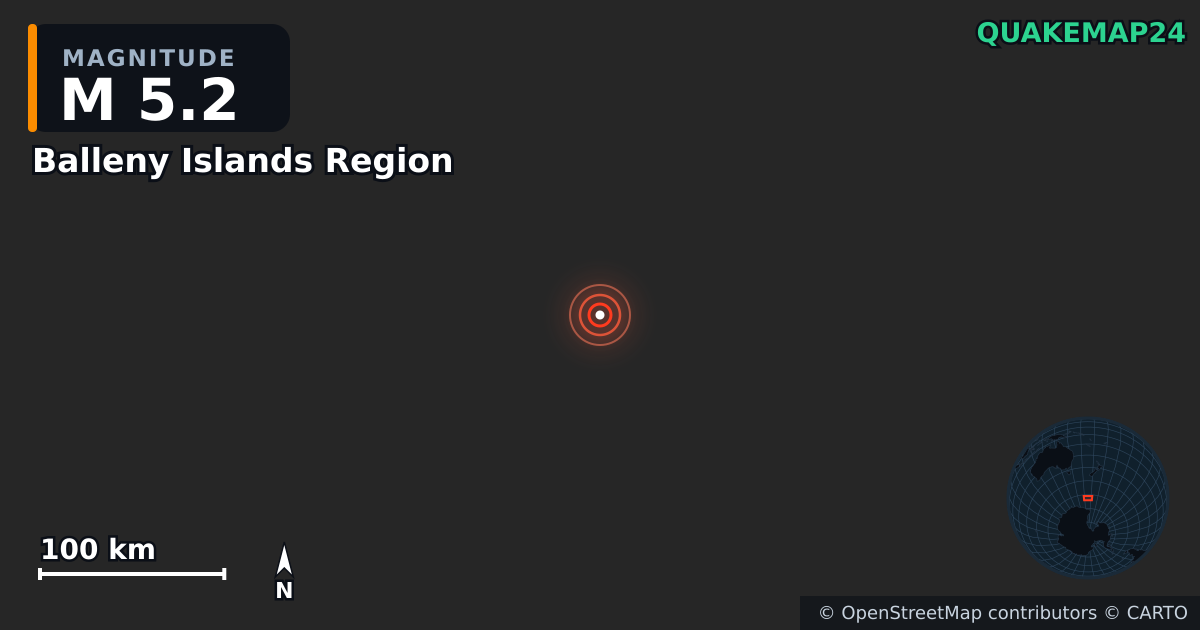 M5.2 earthquake near Balleny Islands Region on Mar 16, 2026 — map of epicenter and shaking intensity | QuakeMap24