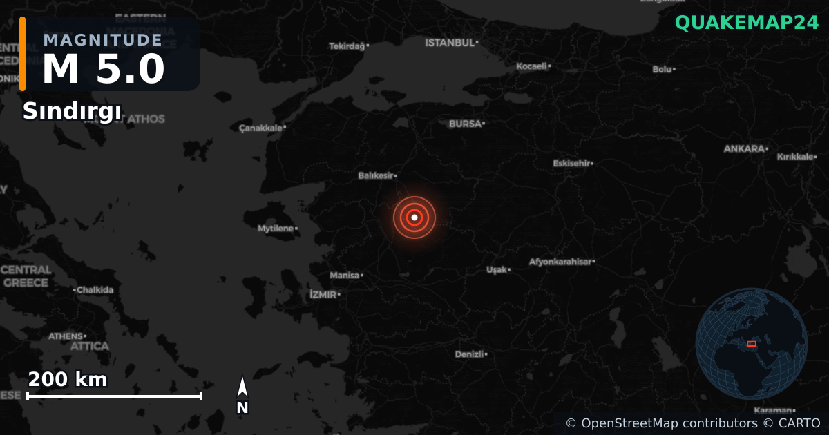 M5.0 earthquake near Sındırgı on Sep 21, 2025 — map of epicenter and shaking intensity | QuakeMap24