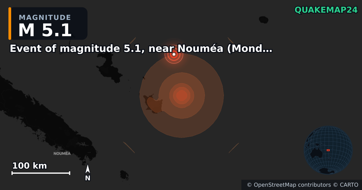 Σεισμός M5,1 κοντά στο Event of magnitude 5.1, near Nouméa (Monde) · 2026-09-25 — Χάρτης της θέσης του επικέντρου