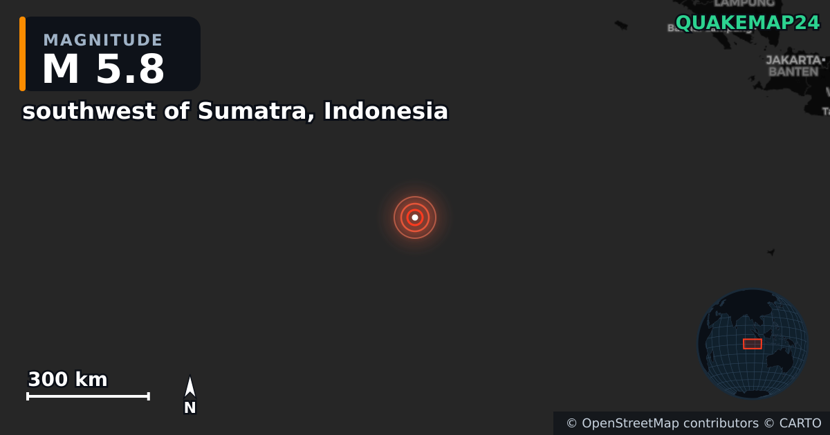 southwest of Sumatra, Indonesia yakınında M5,8 deprem — Deprem merkez üssünün konumunu gösteren harita