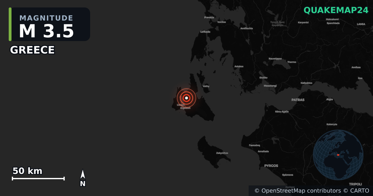 M3.5 earthquake near GREECE on May 1, 2025 — map of epicenter and shaking intensity | QuakeMap24