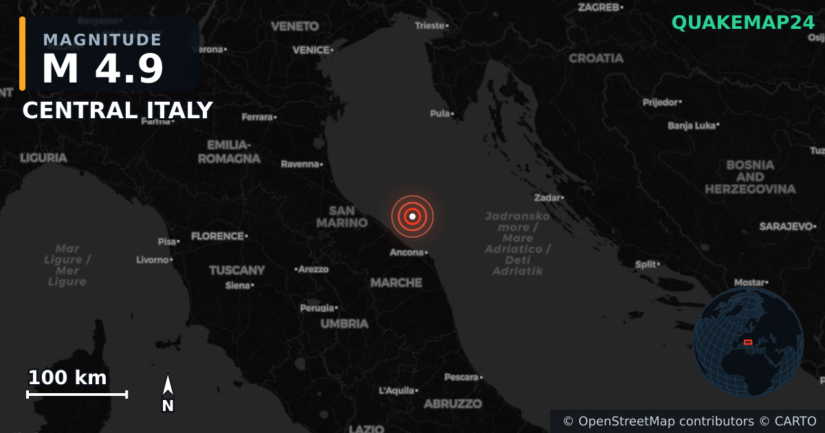 M4.9 earthquake near CENTRAL ITALY on Oct 6, 2025 — map of epicenter and shaking intensity | QuakeMap24