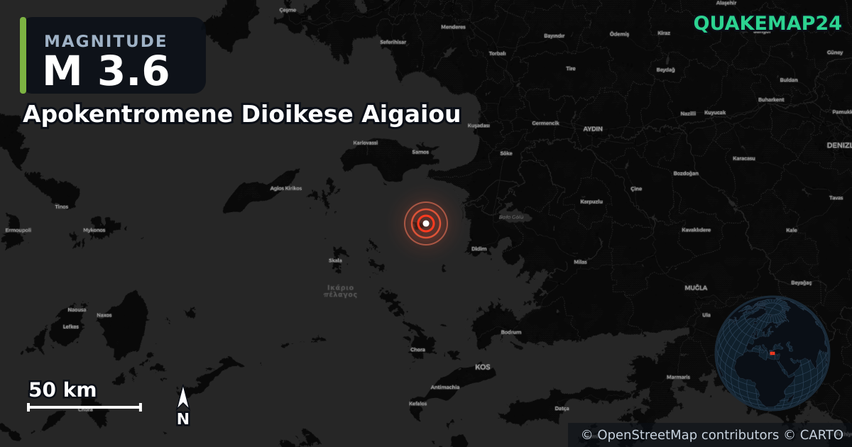 M3.6 earthquake near Apokentromene Dioikese Aigaiou on Oct 4, 2025 — map of epicenter and shaking intensity | QuakeMap24
