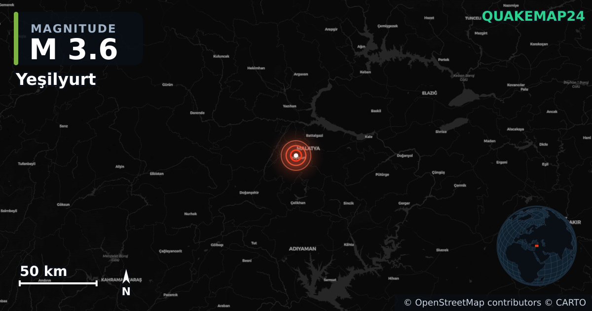 M3.6 earthquake near Yeşilyurt on Jul 24, 2025 — map of epicenter and shaking intensity | QuakeMap24
