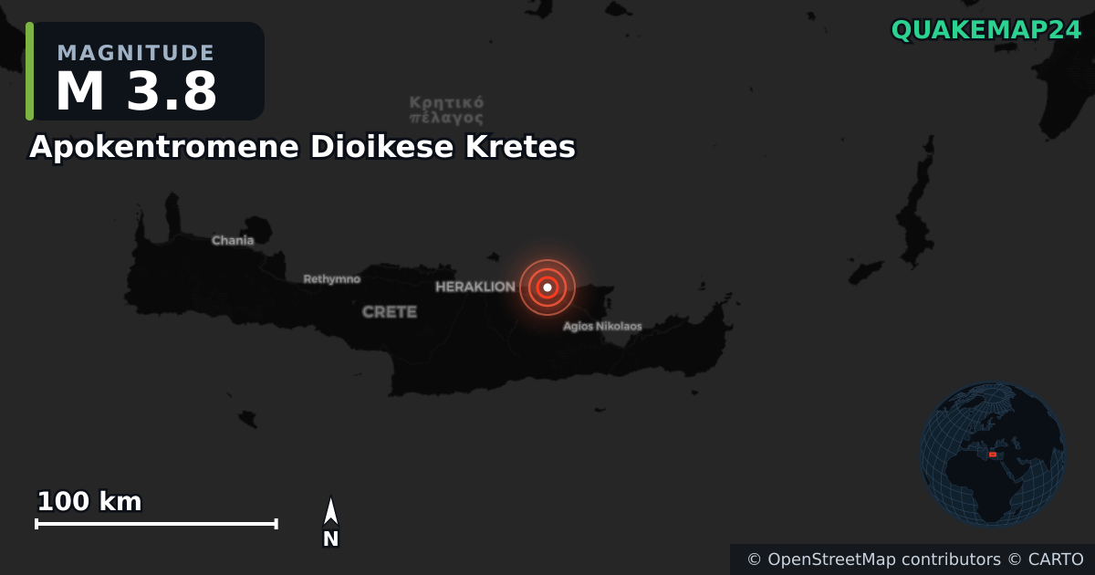 M3.8 earthquake near Apokentromene Dioikese Kretes on Oct 21, 2025 — map of epicenter and shaking intensity | QuakeMap24
