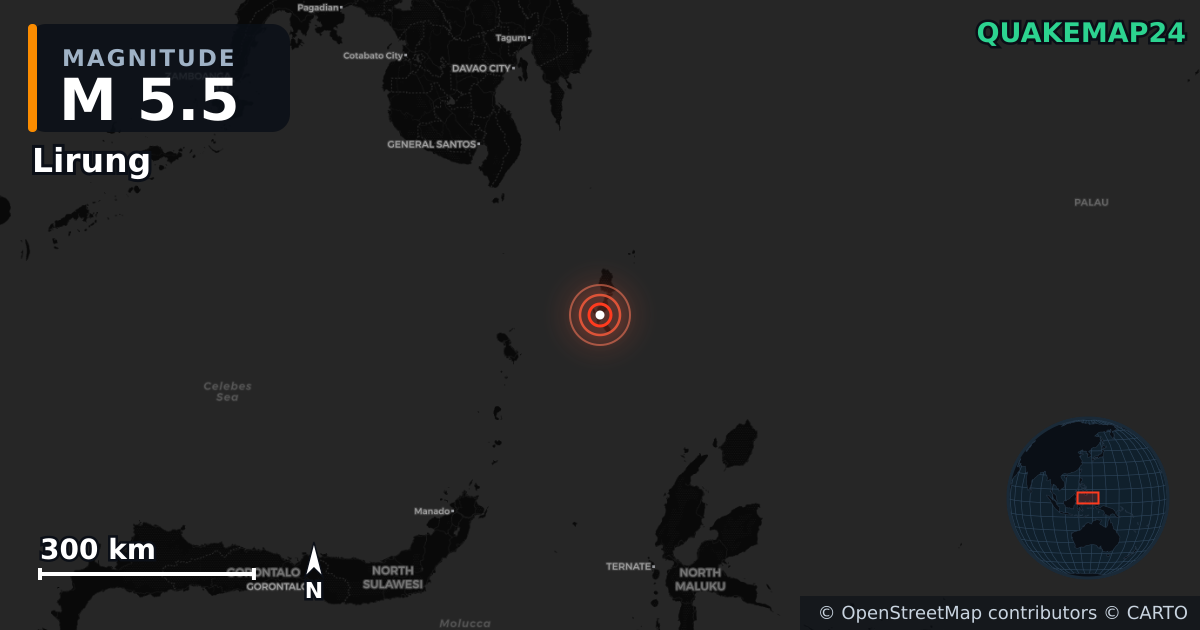M5.5 earthquake near Lirung on Apr 22, 2025 — map of epicenter and shaking intensity | QuakeMap24
