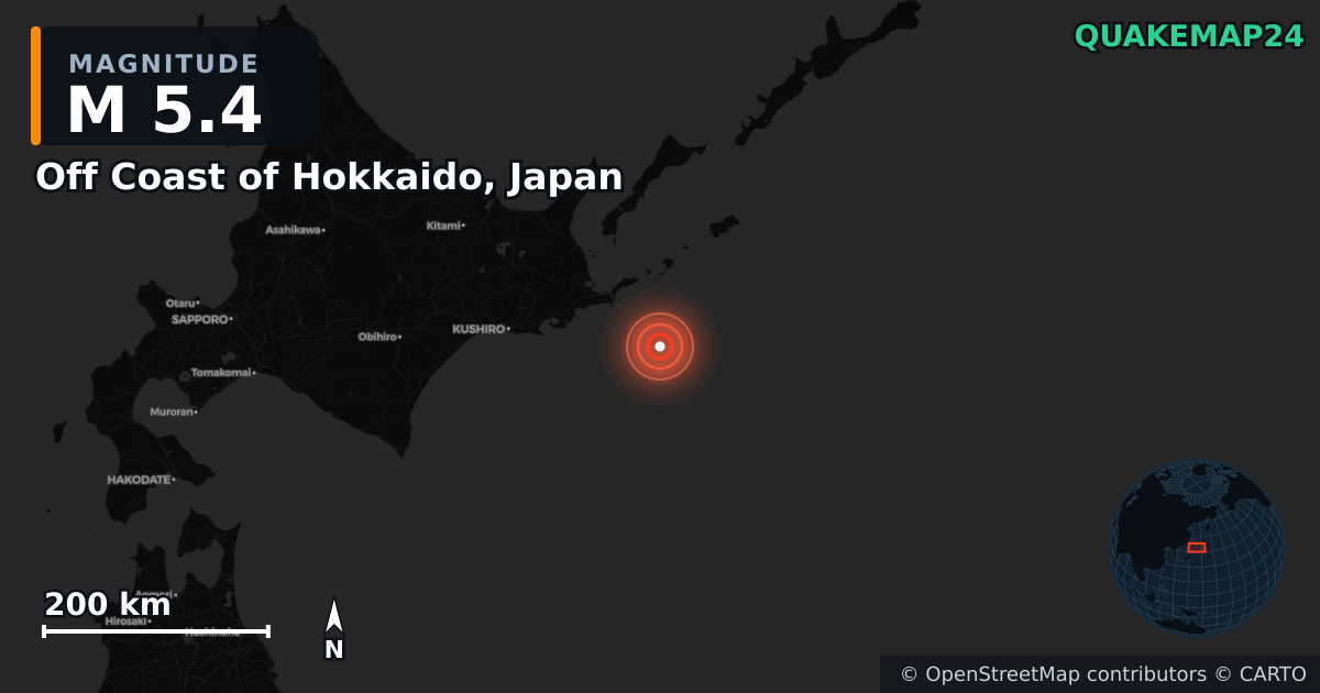 M5.4 earthquake near Off Coast of Hokkaido, Japan on Dec 20, 2025 — map of epicenter and shaking intensity | QuakeMap24