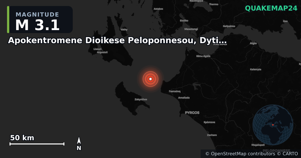 M3.1 earthquake near Apokentromene Dioikese Peloponnesou, Dytikes Elladas kai Ioniou on Oct 21, 2025 — map of epicenter and shaking intensity | QuakeMap24