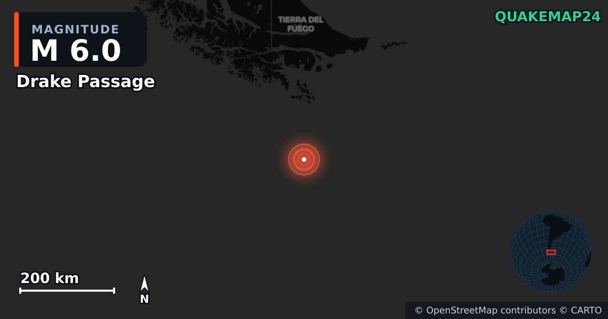 M6.0 earthquake near Drake Passage on Jul 4, 2025 — map of epicenter and shaking intensity | QuakeMap24