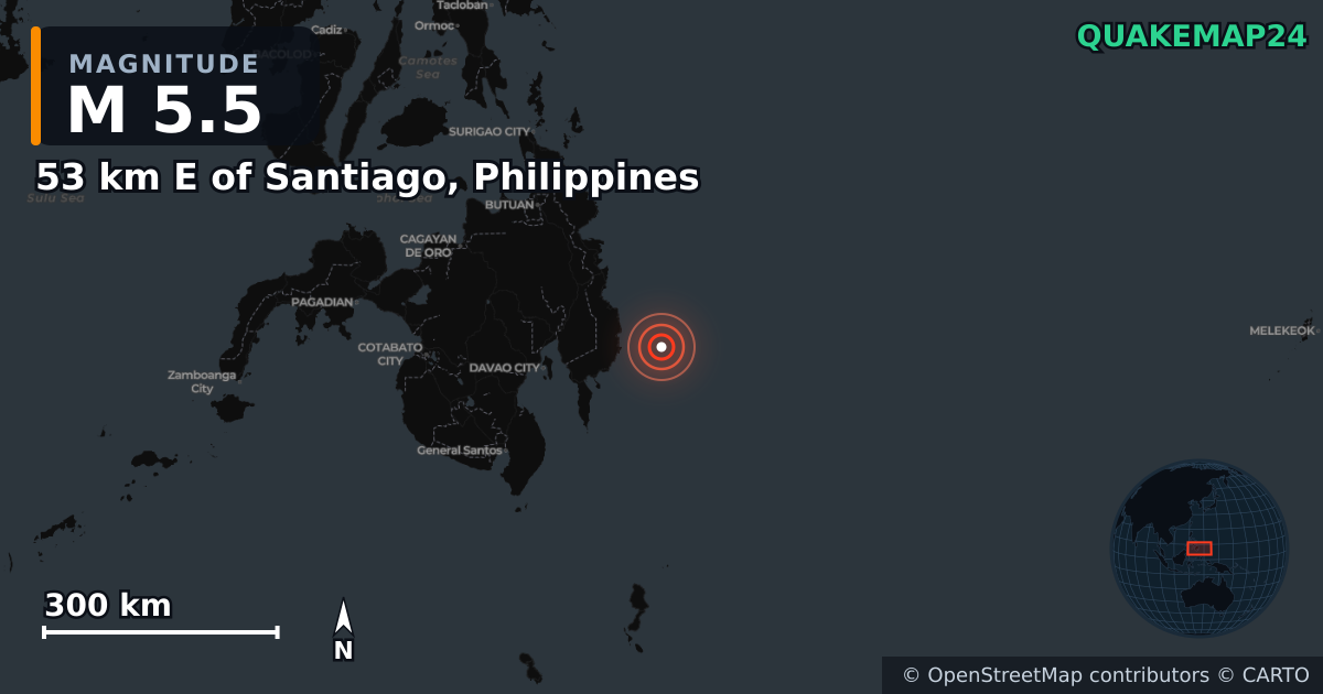 Σεισμός M5,5 κοντά στο 53 km E of Santiago, Philippines · 2026-01-07 — Χάρτης της θέσης του επικέντρου