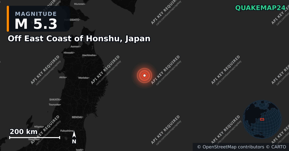 M5.3 earthquake near Off East Coast of Honshu, Japan on May 11, 2026 — map of epicenter and shaking intensity | QuakeMap24
