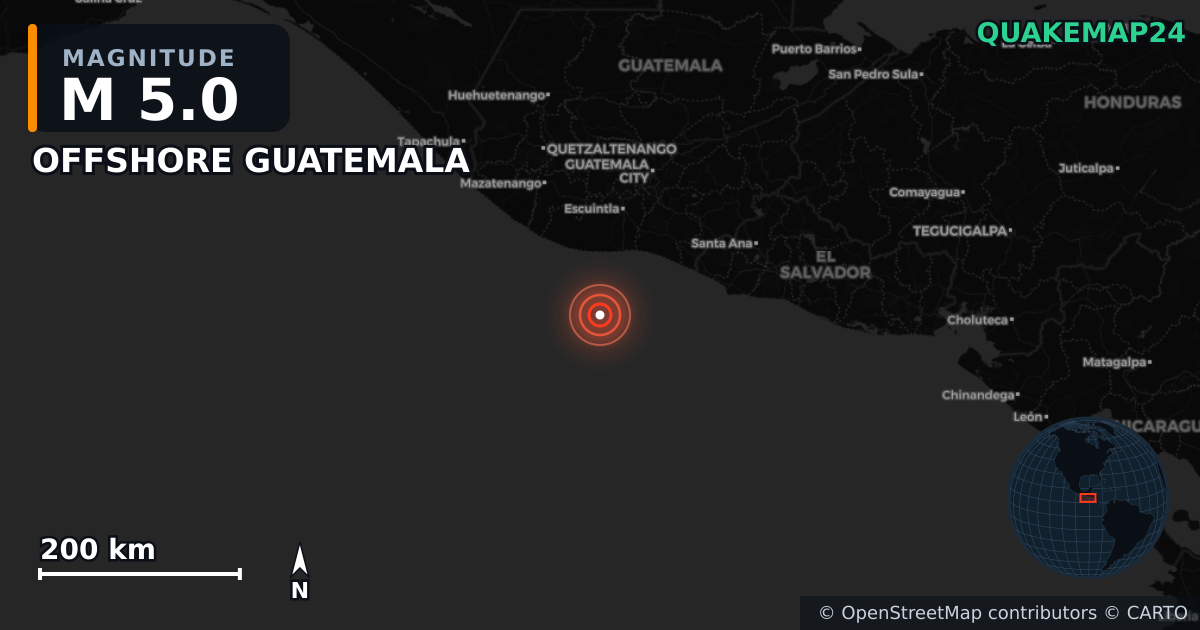 OFFSHORE GUATEMALA yakınında M5,0 deprem — Deprem merkez üssünün konumunu gösteren harita