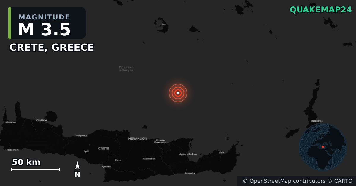 M3.5 earthquake near CRETE, GREECE on May 1, 2025 — map of epicenter and shaking intensity | QuakeMap24