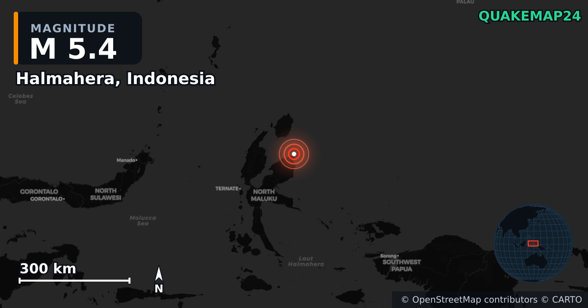 M5.4 earthquake near Halmahera, Indonesia on Mar 6, 2026 — map of epicenter and shaking intensity | QuakeMap24