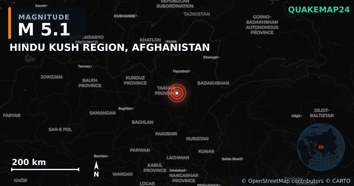 M5.1 earthquake near HINDU KUSH REGION, AFGHANISTAN on Mar 7, 2026 — map of epicenter and shaking intensity | QuakeMap24