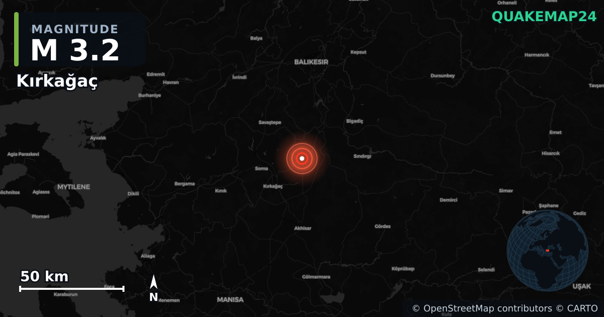 M3.2 earthquake near Kırkağaç on Sep 22, 2025 — map of epicenter and shaking intensity | QuakeMap24