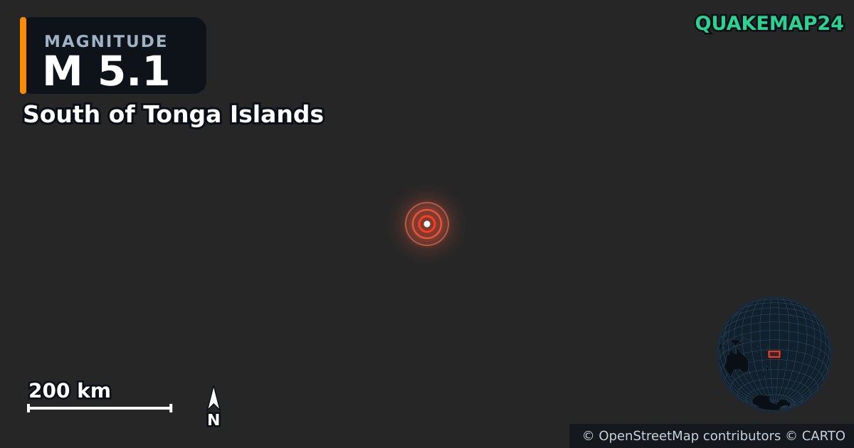 M5.1 earthquake near South of Tonga Islands on Jul 27, 2026 — map of epicenter and shaking intensity | QuakeMap24