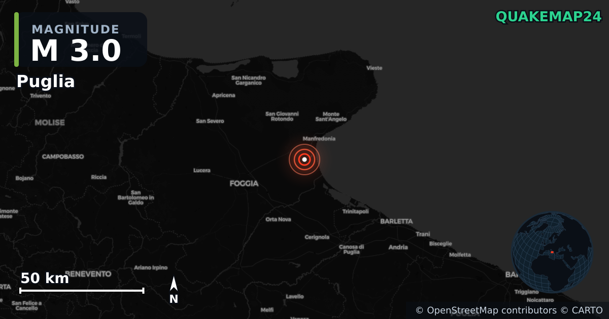 M3.0 earthquake near Puglia on Sep 4, 2025 — map of epicenter and shaking intensity | QuakeMap24