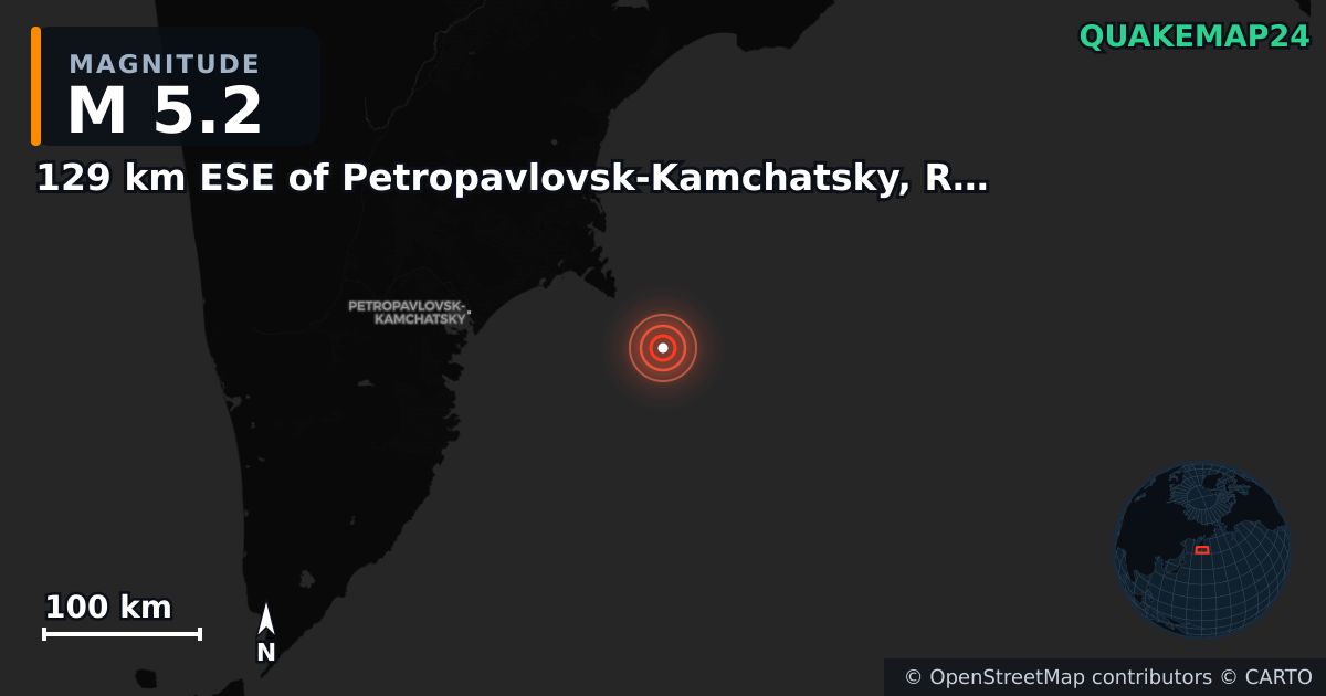 M5.2 earthquake near 129 km ESE of Petropavlovsk-Kamchatsky, Russia on Sep 19, 2025 — map of epicenter and shaking intensity | QuakeMap24