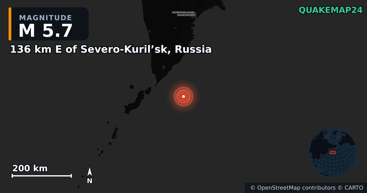 M5.7 earthquake near 136 km E of Severo-Kuril’sk, Russia on Jul 30, 2025 — map of epicenter and shaking intensity | QuakeMap24