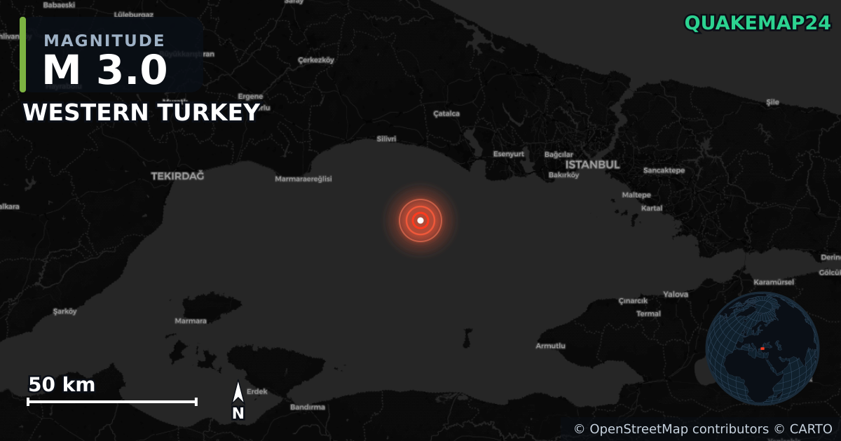 M3.0 earthquake near WESTERN TURKEY on Jul 15, 2025 — map of epicenter and shaking intensity | QuakeMap24