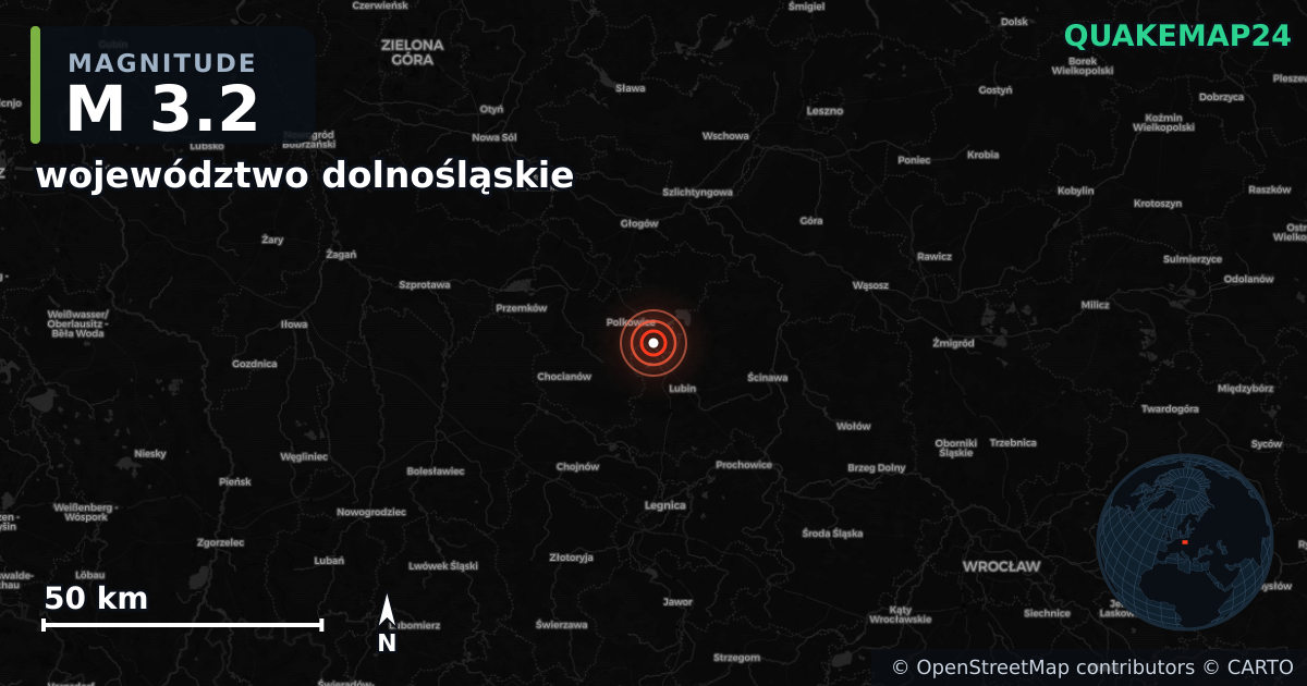 M3.2 earthquake near województwo dolnośląskie on Aug 2, 2025 — map of epicenter and shaking intensity | QuakeMap24